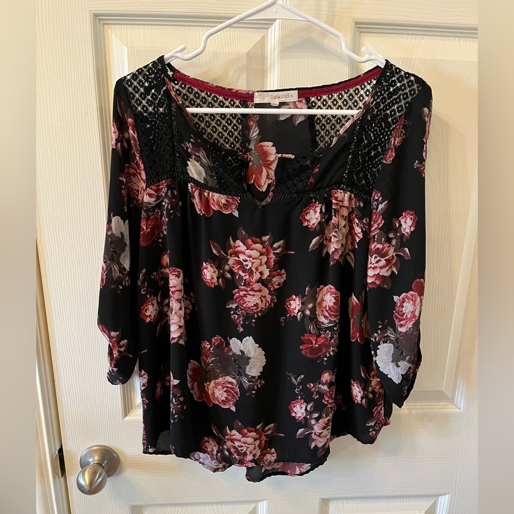 Rewind Women's Sheer Top, Black and Pink/Purple Floral, Lace Detail, Size Med